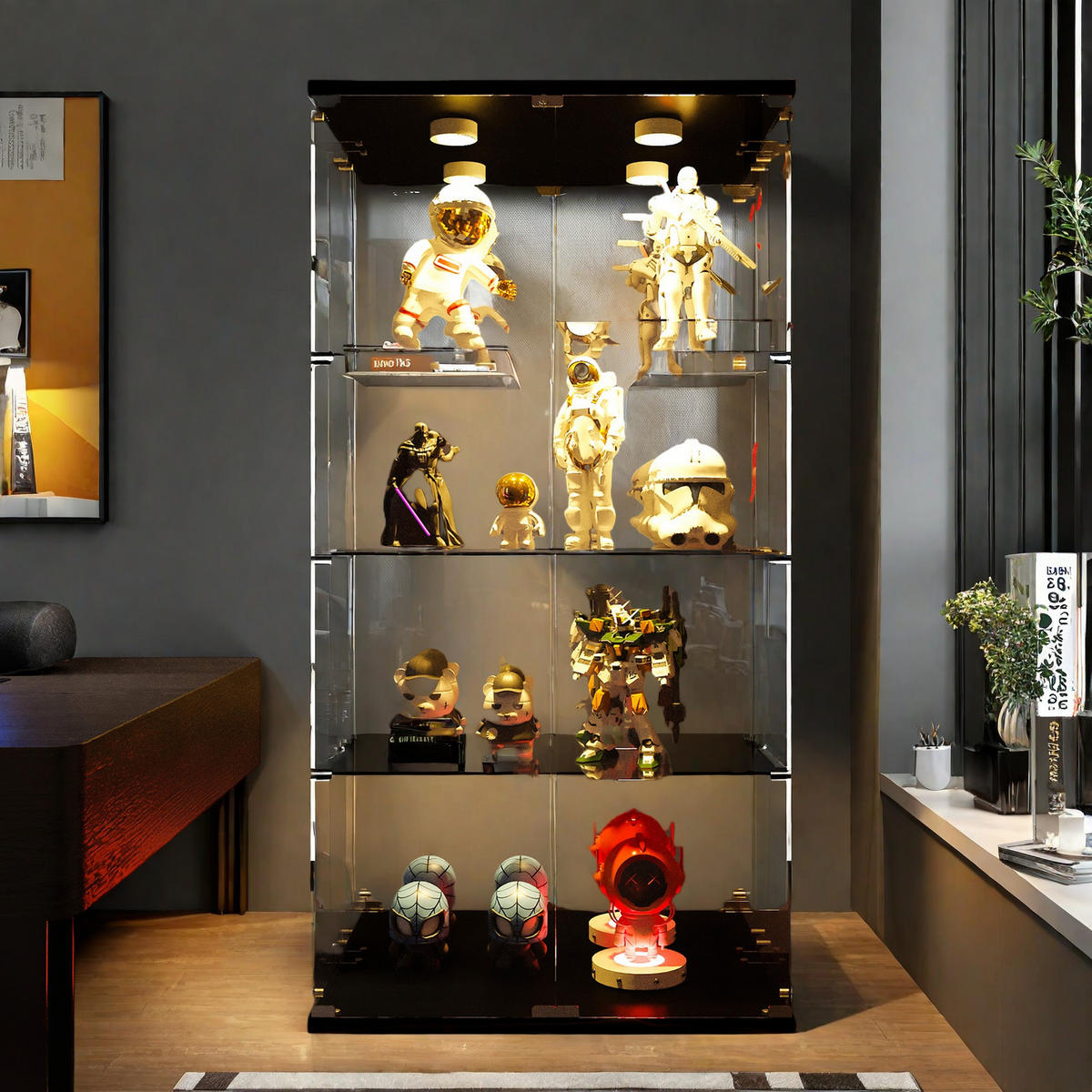 GLASVITRINE Doppeltür 80,5×36,5×163,9 cm schwarz mit LED, Spiegelrückwand & 4 Glasböden - Schwarz, Glas (36.5/164/80.5cm) - SHOPENTRA
