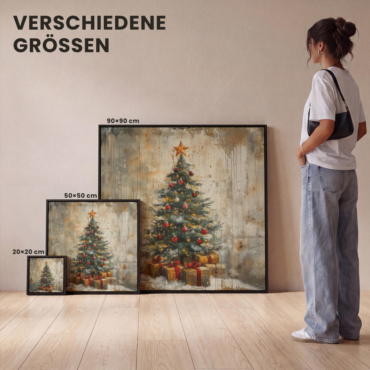 LEINWAND Bilder mit Rahmen - Weihnachtsbaum - Vintage - Weihnachten - Geschenk - 20x20 - Rostfarben, Textil (20/20cm) - MuchoWow