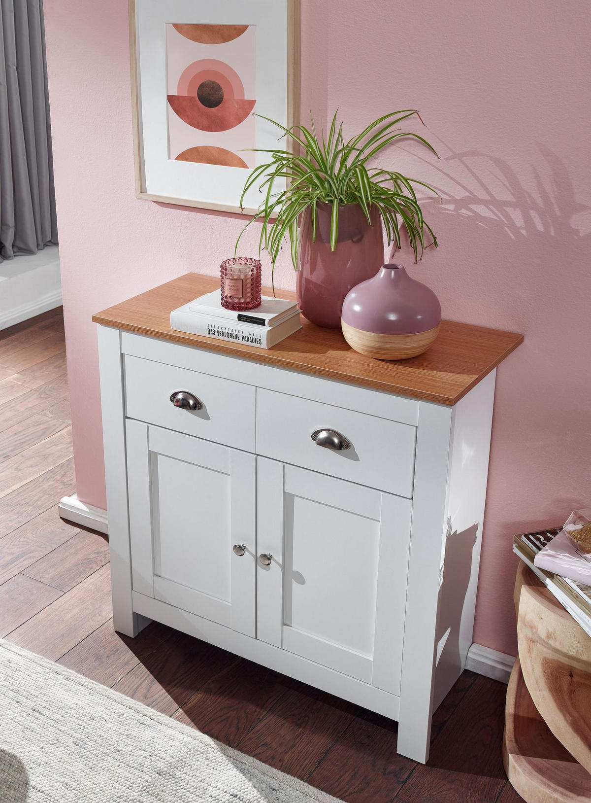 SIDEBOARD – Eiche/Weiß, 2 Schubladen, melaminbeschichtet, modern - Weiß, Holz/Metall (79/81/35cm) - KADIMA DESIGN