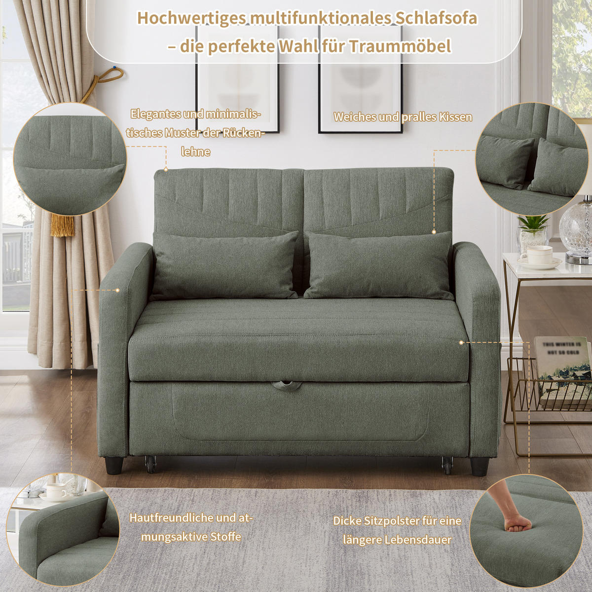 SCHLAFSOFA mit Liegefläche 95/166 cm – 3-fach verstellbar - Olivgrün, Textil (77/82.5/114cm) - BEAOK