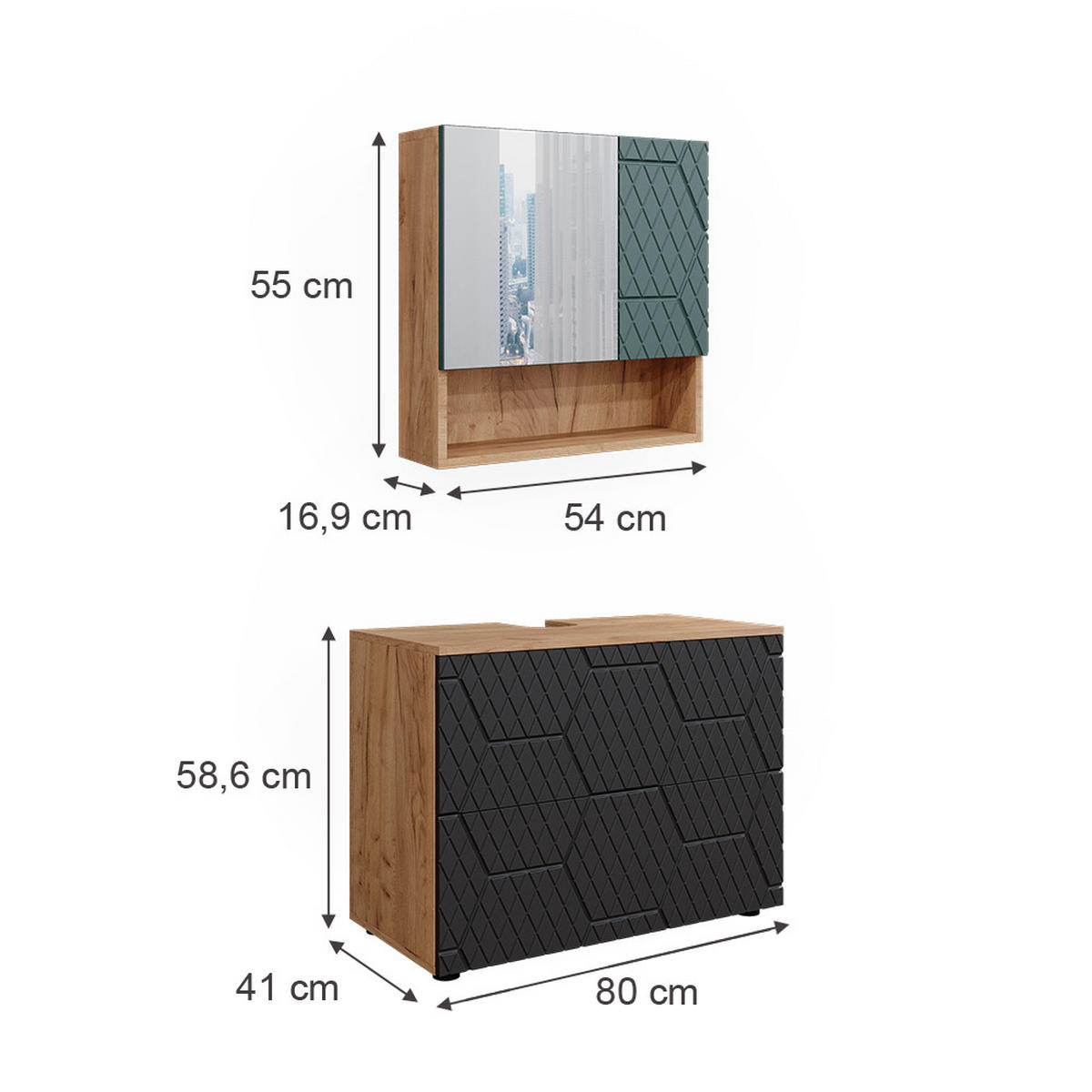 BADMÖBEL-SET Irma Anthrazit gestreift 2 Teile - Honigeiche/Anthrazit, Holzwerkstoff (80/58.6/41cm) - Vicco