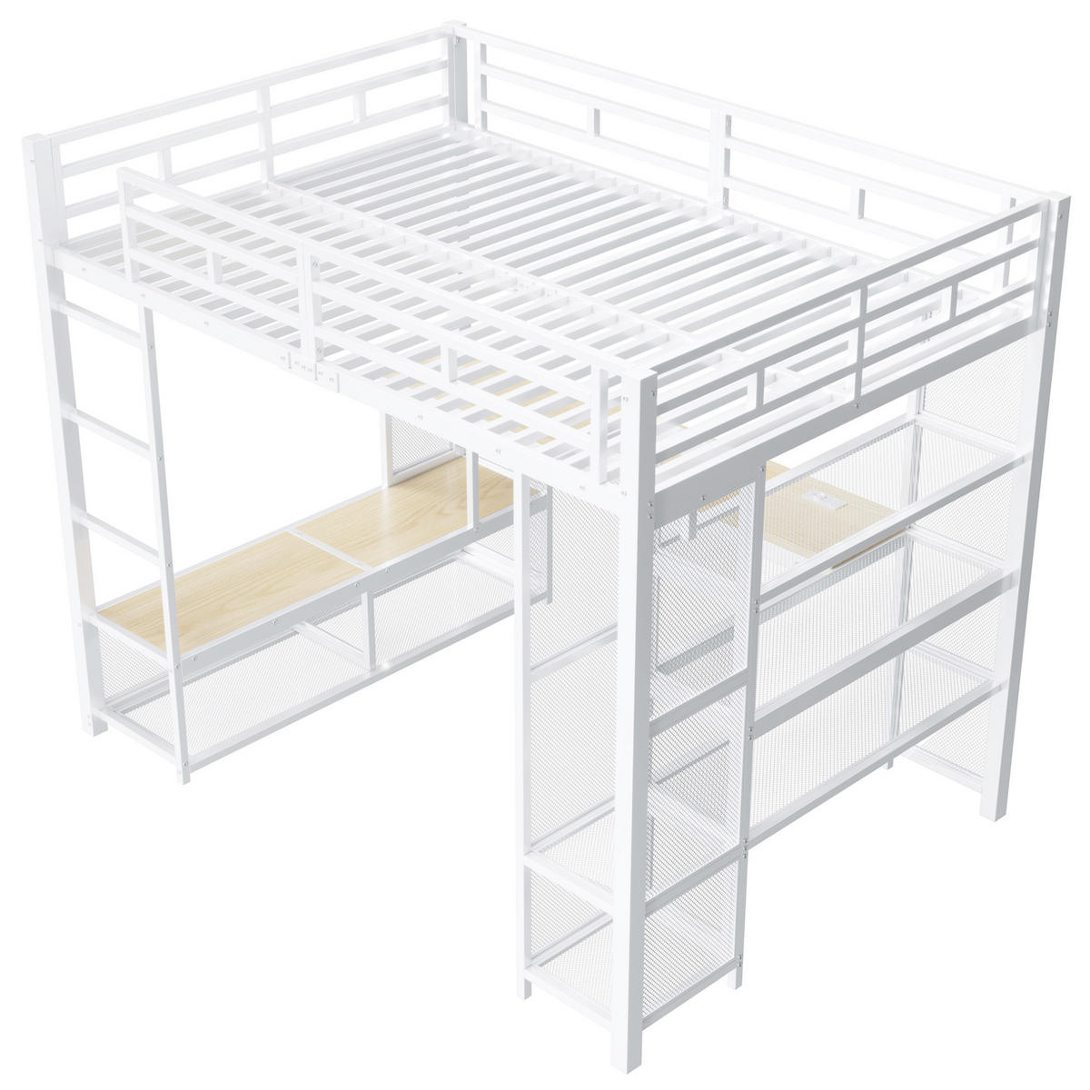 HOCHBETT 140/200 cm aus Metall und MDF mit Schreibtisch, offenem Kleiderschrank, USB und LED-Beleuchtung, Weiß - Weiß, Holzwerkstoff (140/200cm) - Redom