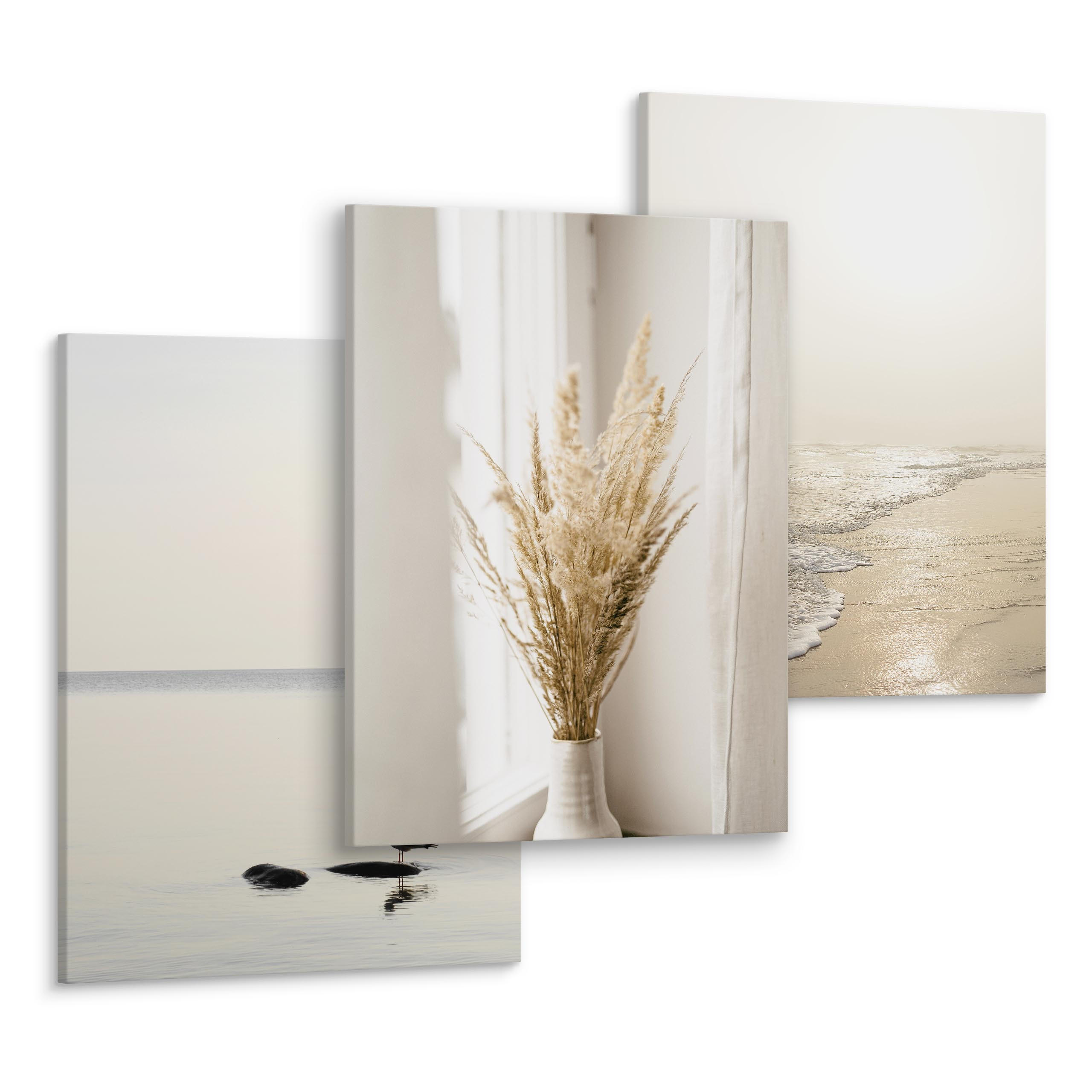 LEINWANDBILDER 3-er Set Meer Pflanzen 3D - Beige/Weiß, Textil (90/40cm) - Muralo