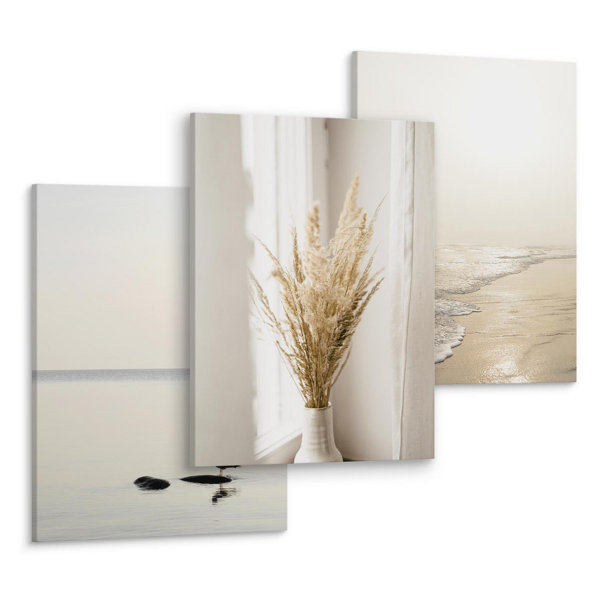 LEINWANDBILDER 3-er Set Meer Pflanzen 3D - Beige/Weiß, Textil (90/40cm) - Muralo