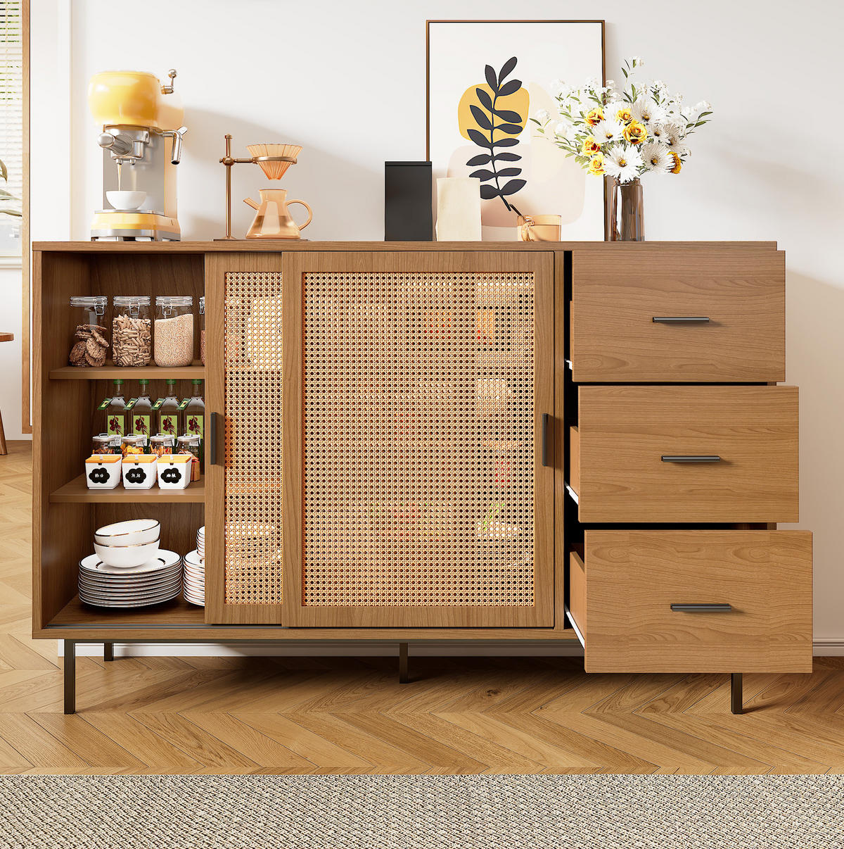 SIDEBOARD mit 2 Schiebetüren aus Rattan und 3 Schubladen, Natur, Spanplatte, 140/37/91 cm, Natur - Naturfarben, Holzwerkstoff (140/91/37cm) - Redom