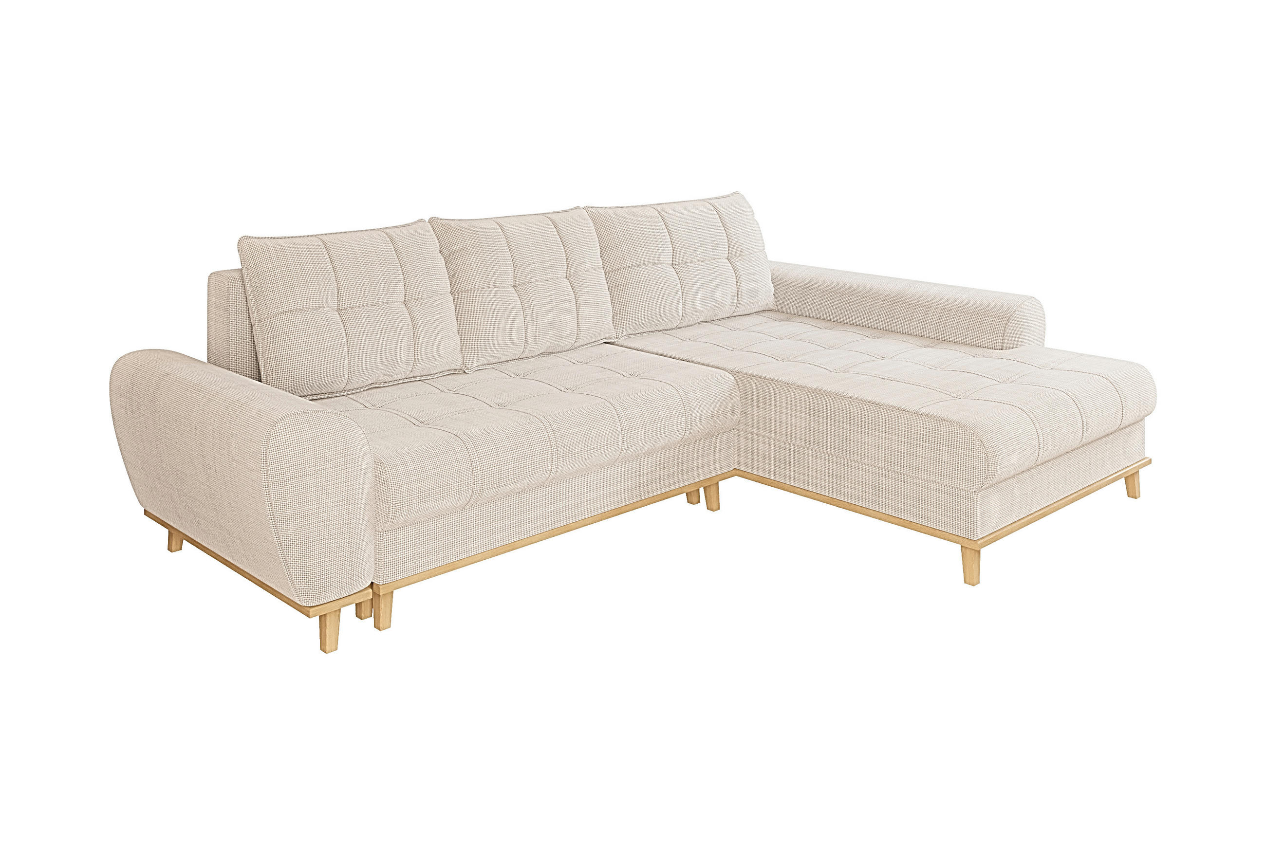 ECKSOFA im Scandi-Stil, Schlaffunktion, Bettkasten B268/T175/H86 cm, Ottomane rechts, Liegefl. 128x209 cm, Bouclé Chenille Stoff in Beige / 21013 - Eichefarben/Beige, Holz/Textil (268/175cm) - luma-home