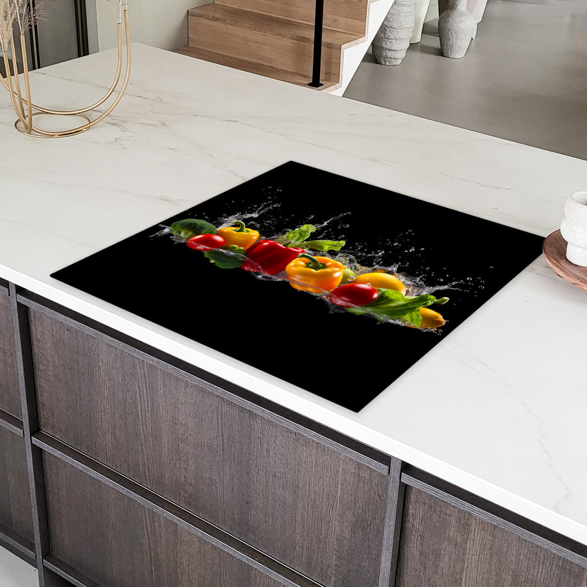 HERDABDECKPLATTE Paprika - Wasser - Gemüse - Schwarz Induktionsmatte 78x78 cm - Multicolor, Kunststoff (78/78/0.2cm) - MuchoWow