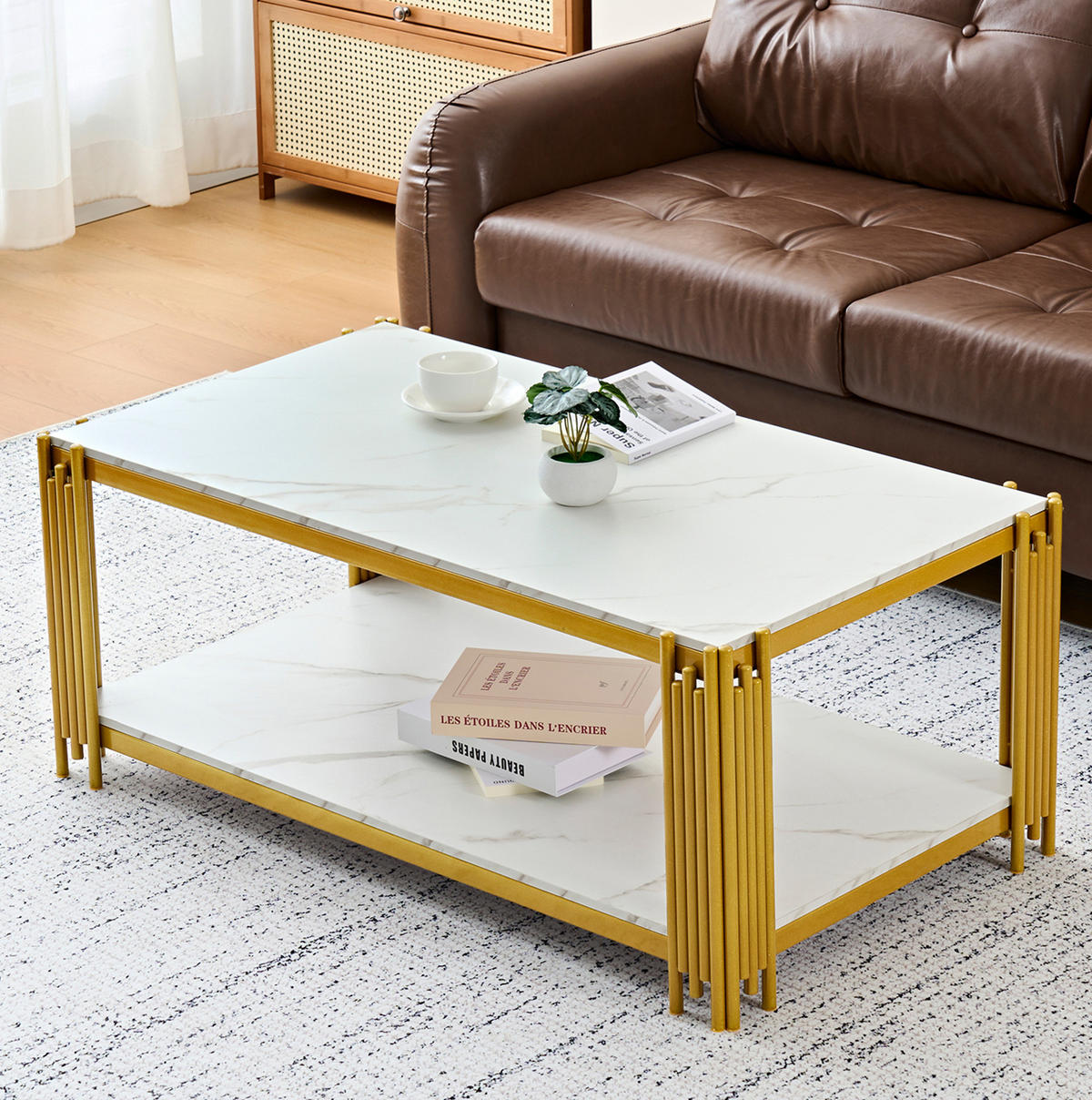 COUCHTISCH aus MDF und Metall 114x63.5x46.3cm in Weiß mit 2 Ablagen - Weiß, Holzwerkstoff (114/63.5/46.3cm) - Modfu