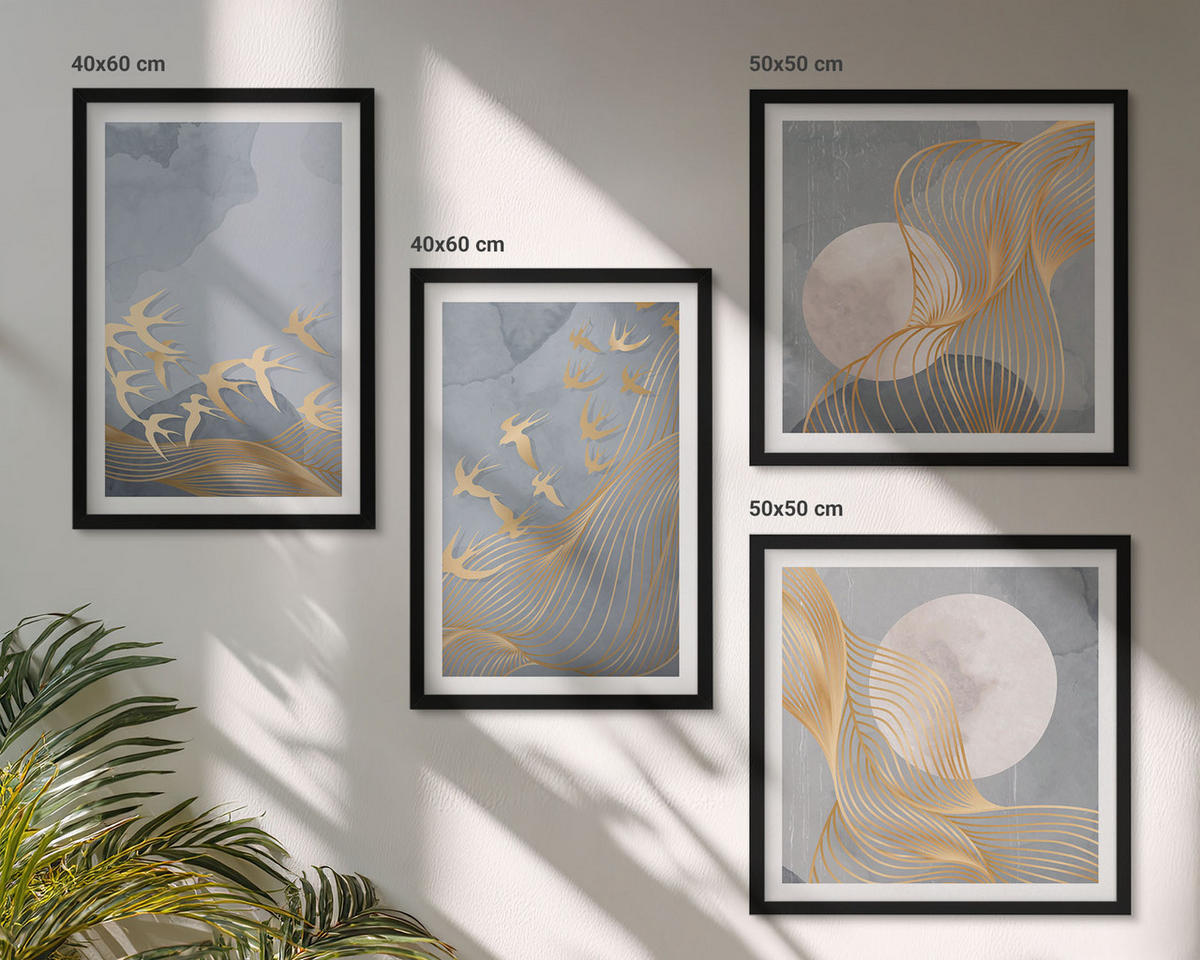 BILDER SET 4er Set - 50x50 cm & 40x60 cm Schwarzer Rahmen - Vögel im Flug, Himmel, Mond - Schwarz, Kunststoff (50/50cm) - TULUP