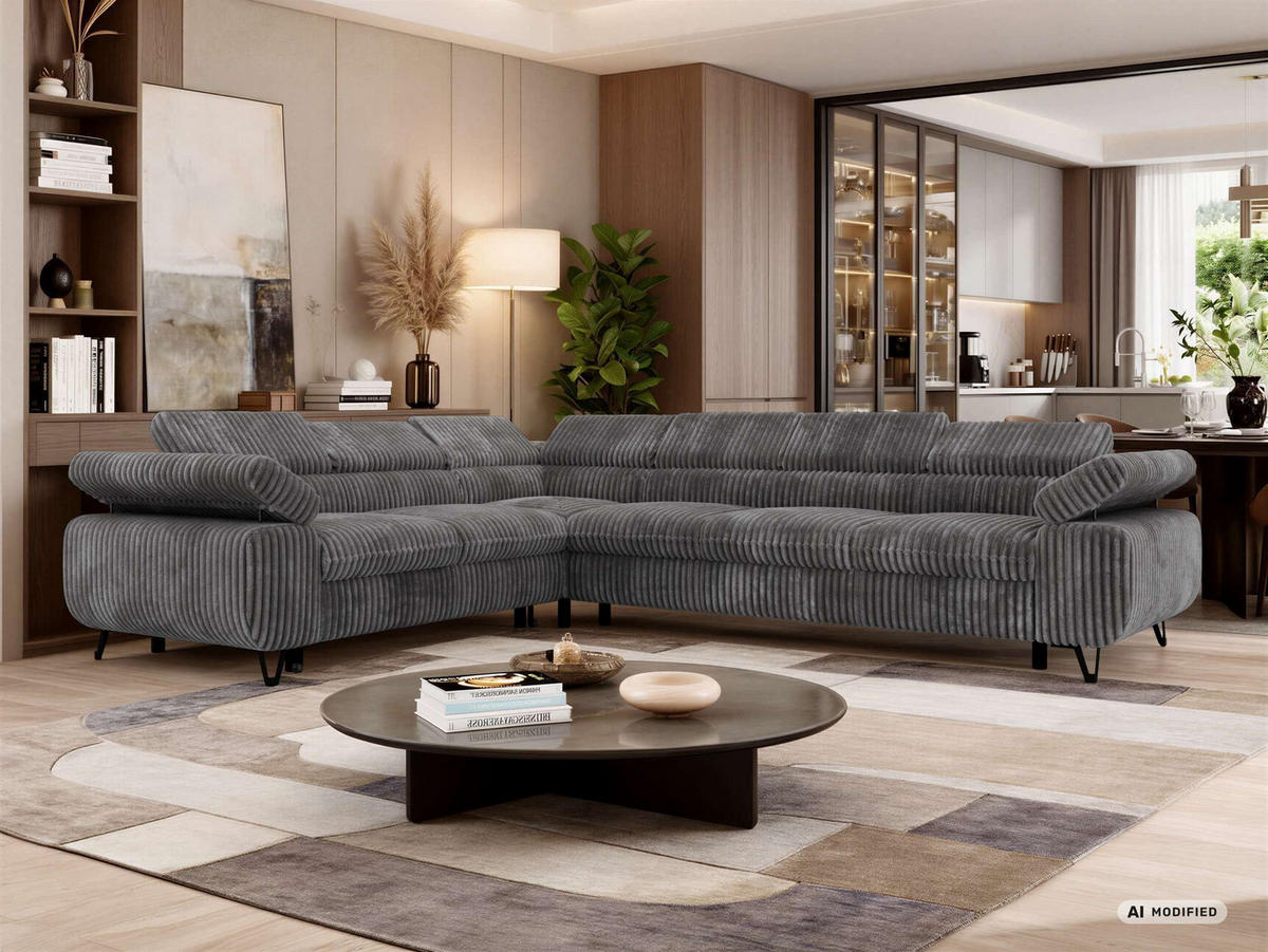 ECKSOFA NORDEN L - Grau Cord - Rechts Seite - Schwarz/Grau, Textil/Metall (329/269cm) - MKS