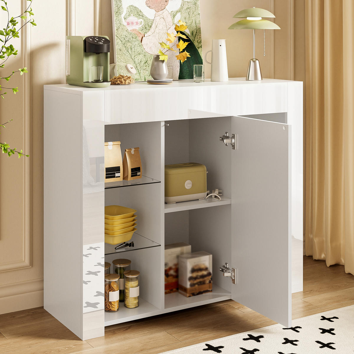 BUFFET 95x35x83 cm weiß Glasregale - Weiß, Holzwerkstoff (95/83/35cm) - LEBENLANG