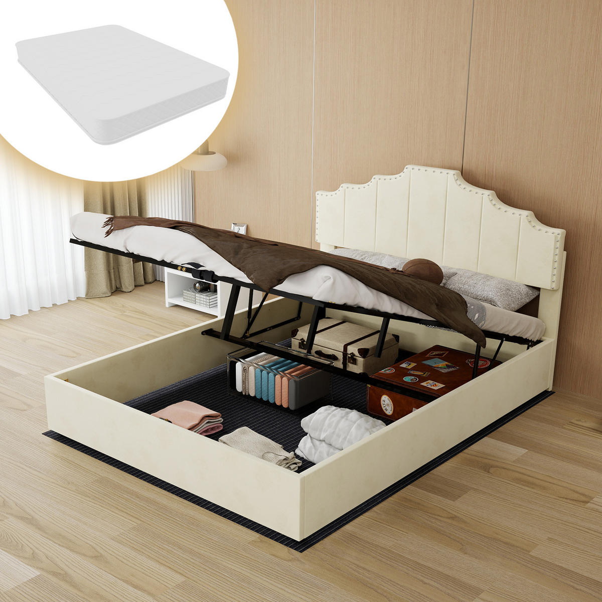 STAURAUMBETT 140/200 cm mit Hydraulik-Stauraum und Matratze, DE-32979, in Beige - Beige, Metall (140/200cm) - ComfortXL