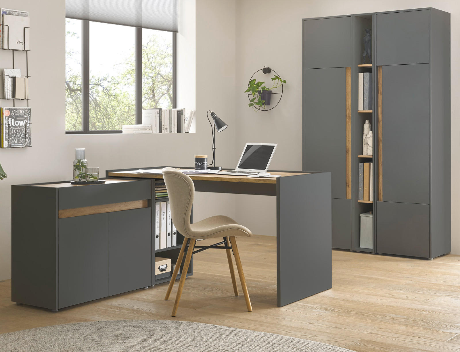 SCHREIBTISCHKOMBINATION 6-teilig grau matt, Eiche Wotan, Büromöbel Set mit viel Stauraum - Eichefarben/Schwarz, Holzwerkstoff/Kunststoff (140/263/200cm) - Furn.Design