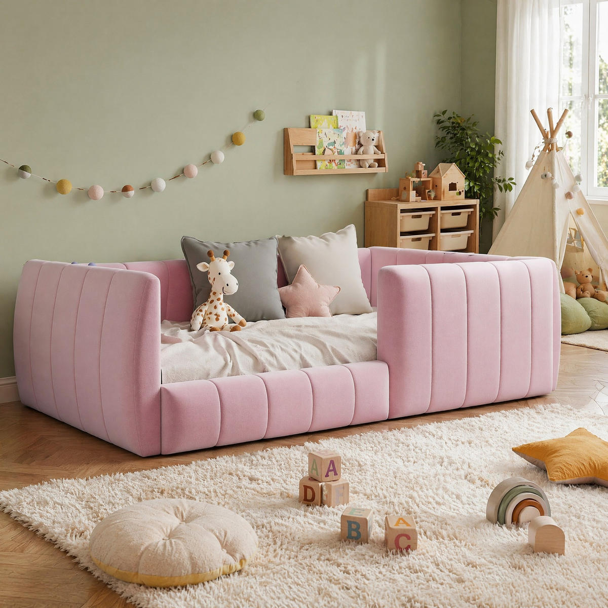 BOXBETT 90/200 mit Sicherheitsgeländer, gepolstertem Kopfteil und Rückenlehne in Rosa - Rosa, Holzwerkstoff/Textil (90/200cm) - EVRYAE