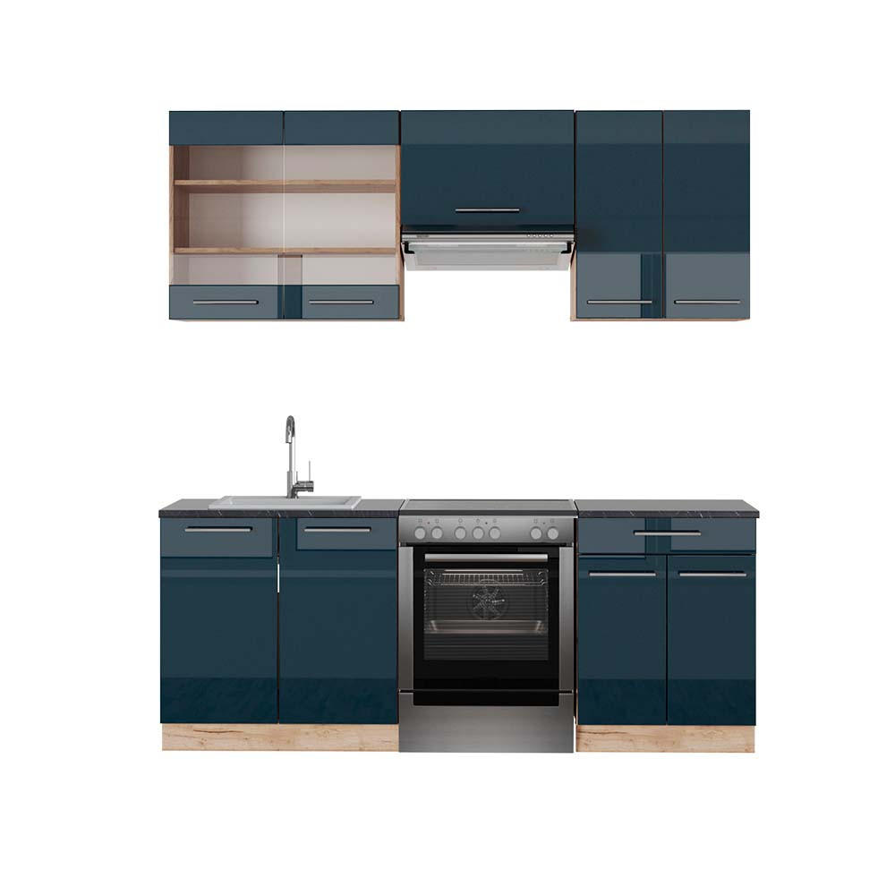 KÜCHENZEILE Fame-Line Dunkelblau Hochglanz/Goldkraft Eiche 200 cm AP Anthrazit - Eiche Wotan/Dunkelblau, Holzwerkstoff (200/81.6/60cm) - Vicco