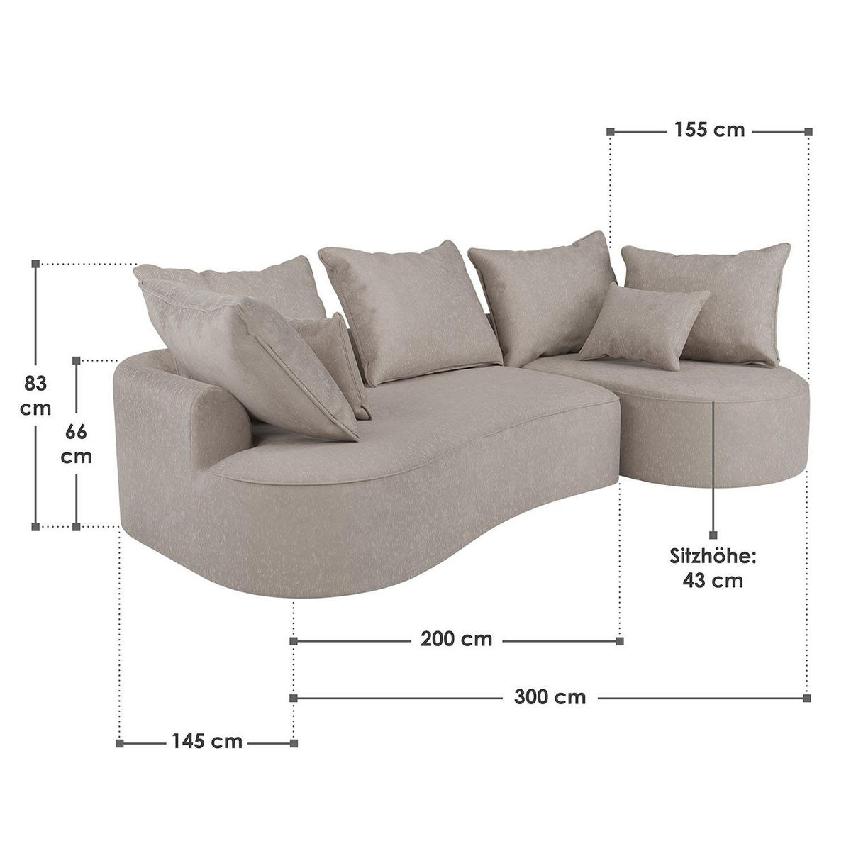 SOFA Tirano Samt Beige mit Ottomane rechts - Beige, Textil (300/102cm) - Juskys