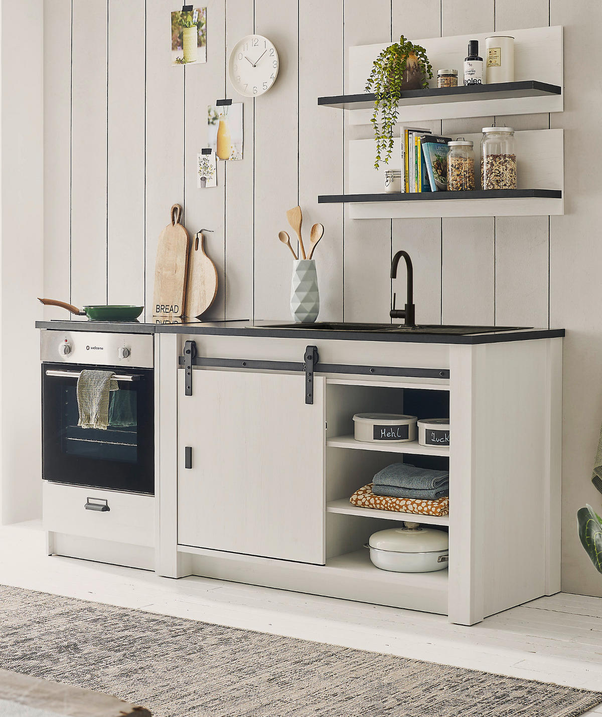 KÜCHEN-SET weiß Pinie, anthrazit 4-teilig 196 cm, Küchenschrank Set im Landhaus-Stil - Anthrazit/Schwarz, Holzwerkstoff/Metall (196/180/64cm) - Furn.Design