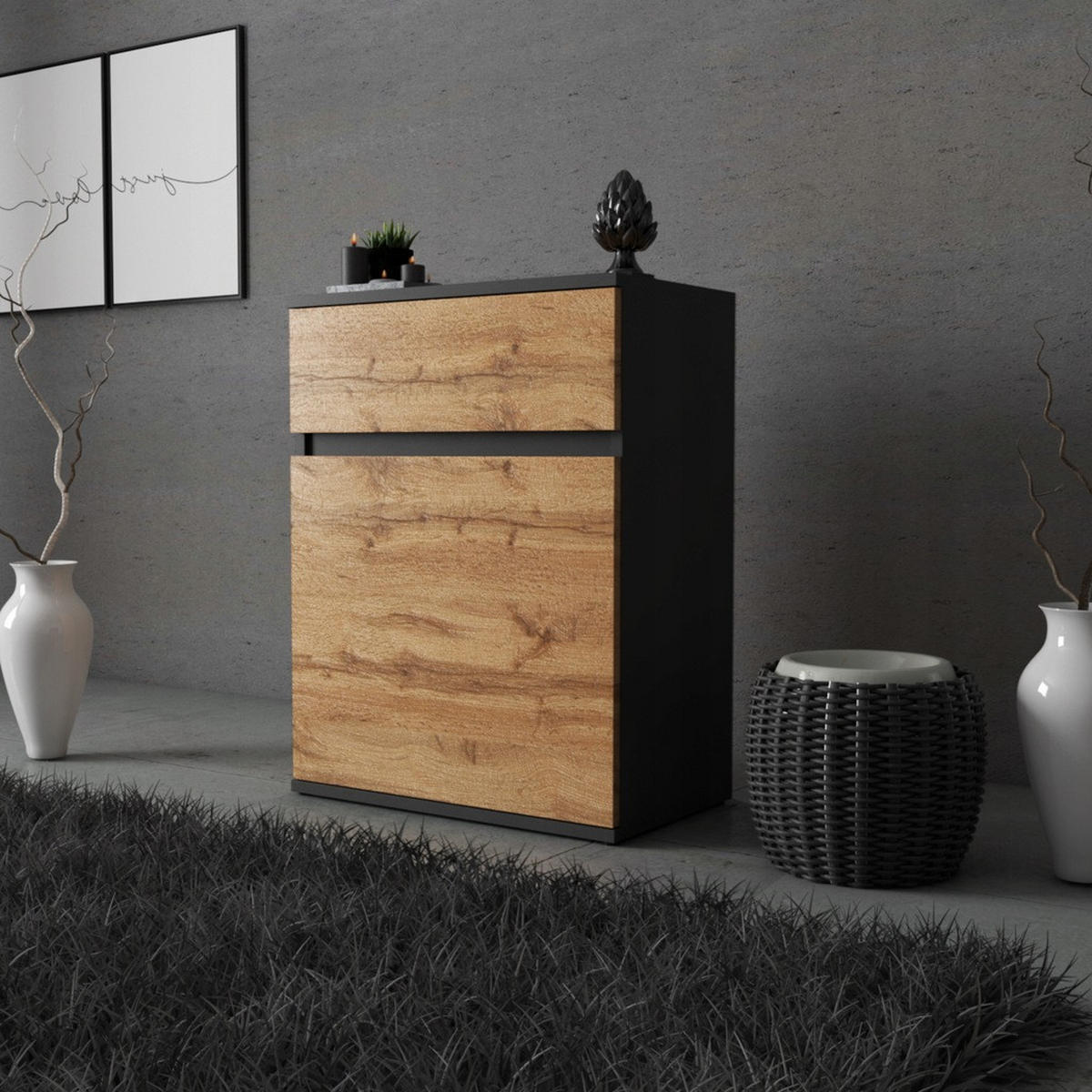KOMMODE MIT SCHUBLADE – SCHWARZ WOTAN - Eiche Wotan/Schwarz, Holz (60/78/35cm) - Stiv Meble
