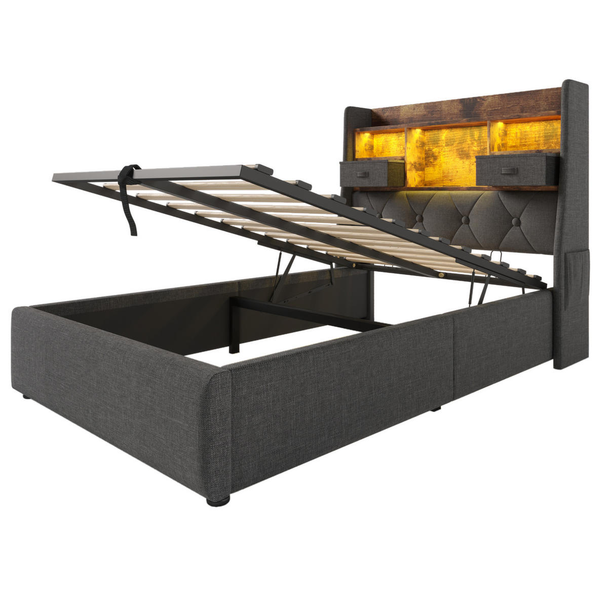 POLSTERBETT 90x200 cm Grau mit LED, USB-C, hydraulischem Bettkasten und Matratze - Grau, Textil (90/200cm) - IVMEU