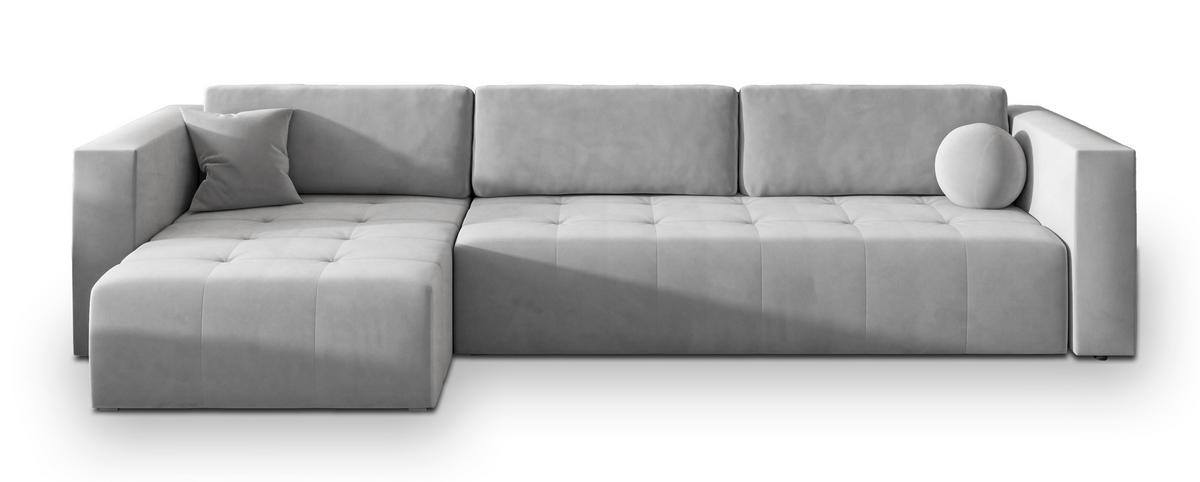 ECKSOFA OLVERA Hellgrau Plüsch-Stoff mit Schlaffunktion - Hellgrau, Holz (347/148cm) - MASSENO