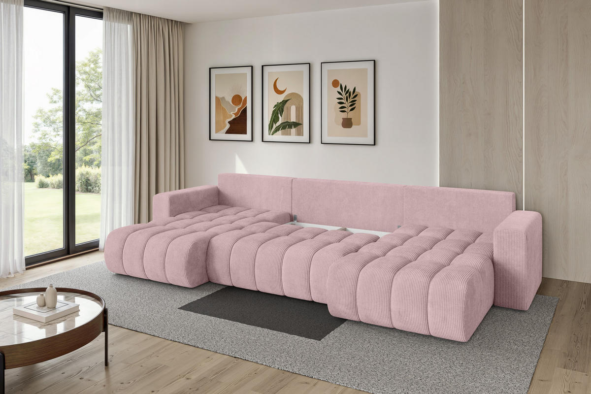 SEDACÍ SOUPRAVA DO U s funkcí spaní a úložným prostorem MILA-U-v1 378x194x86 růžová manšestr - růžová/černá, kompozitní dřevo/textil (378/86/194cm) - ALTDECOR