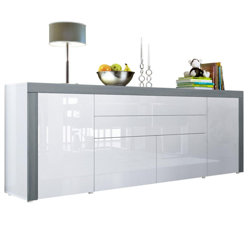 Vladon Sideboard Weiß Hochglanz, Dunkelgrau 200x72x35 cm
