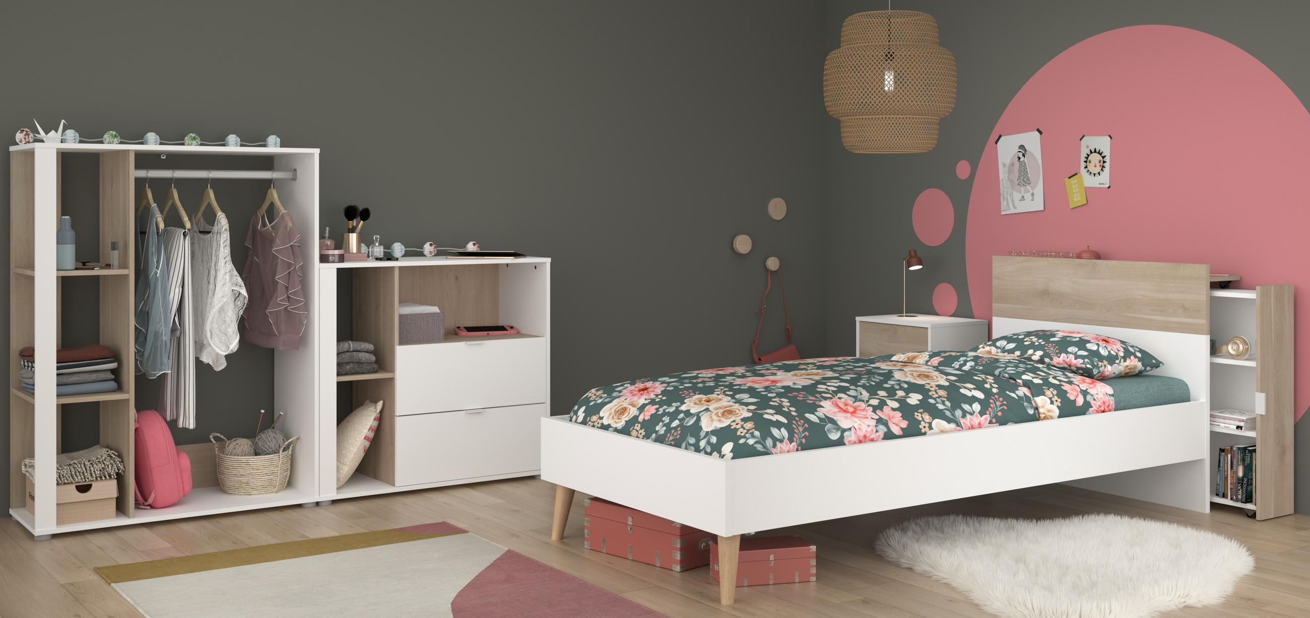 JUGENDZIMMER Aalborg 5 in Weiß und Japanischer Eiche 5 teilig - Weiß, Holzwerkstoff (120/200/80cm)