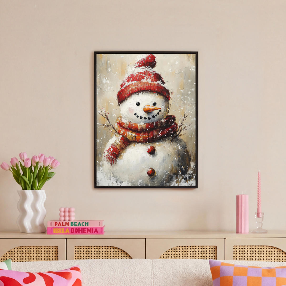 LEINWAND Bilder mit Rahmen - Schneemann - Winter - Schnee - Beige - 60x80 - Weiß, Textil (60/80cm) - MuchoWow