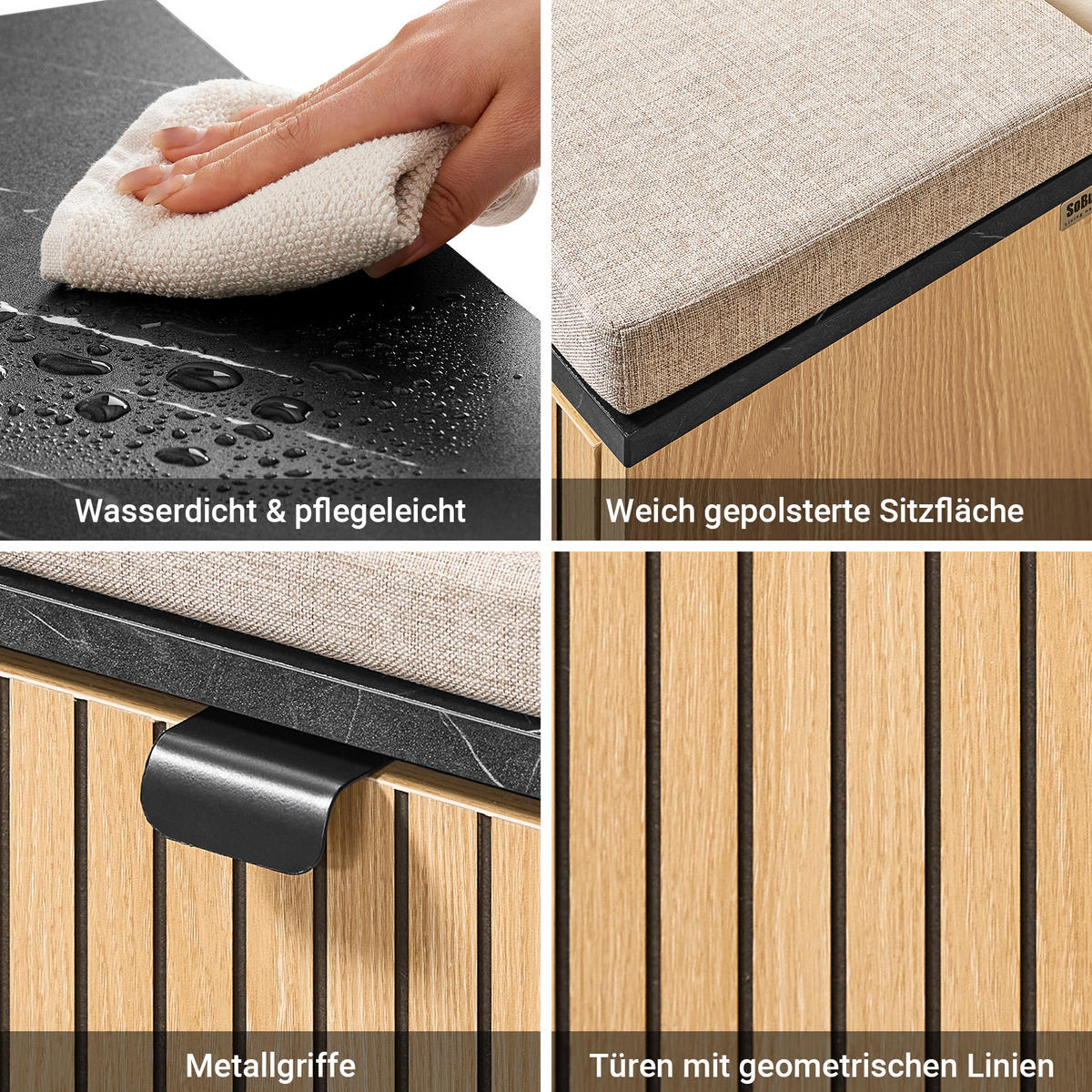 SCHUHBANK Holzoptik & Schwarz mit Marmor - Naturfarben, Holzwerkstoff (60/50/24cm) - SoBuy