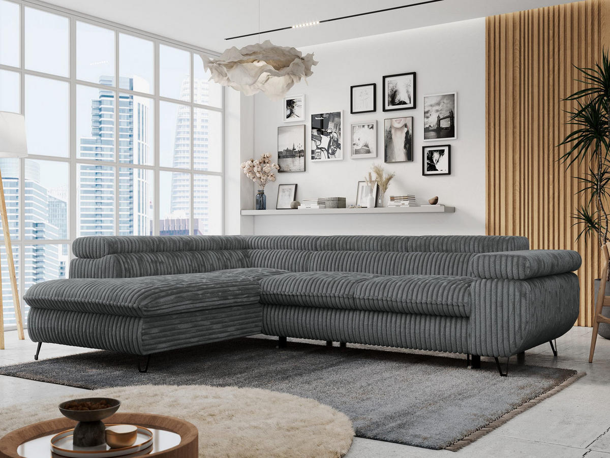 ECKSOFA PETER L Dunkelgrau Cord - Links Seite - Dunkelgrau/Schwarz, Textil/Metall (208/273cm) - MKS