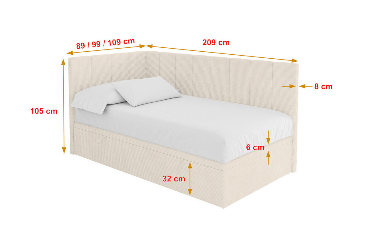 EINZELBETT Jugendbett mit Bettkasten Rechts, ohne Matratze - LOVY 90x200 Beige - Sandfarben, Holzwerkstoff/Textil (90/200cm) - ALTDECOR