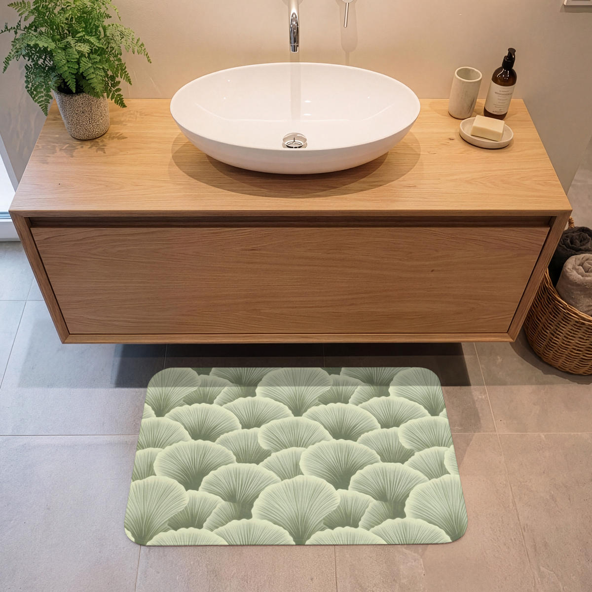 KOUPELNOVÁ PŘEDLOŽKA Vějíř - list - zelený 80x50 cm - pastelově zelená, textil/plast (80/50cm)