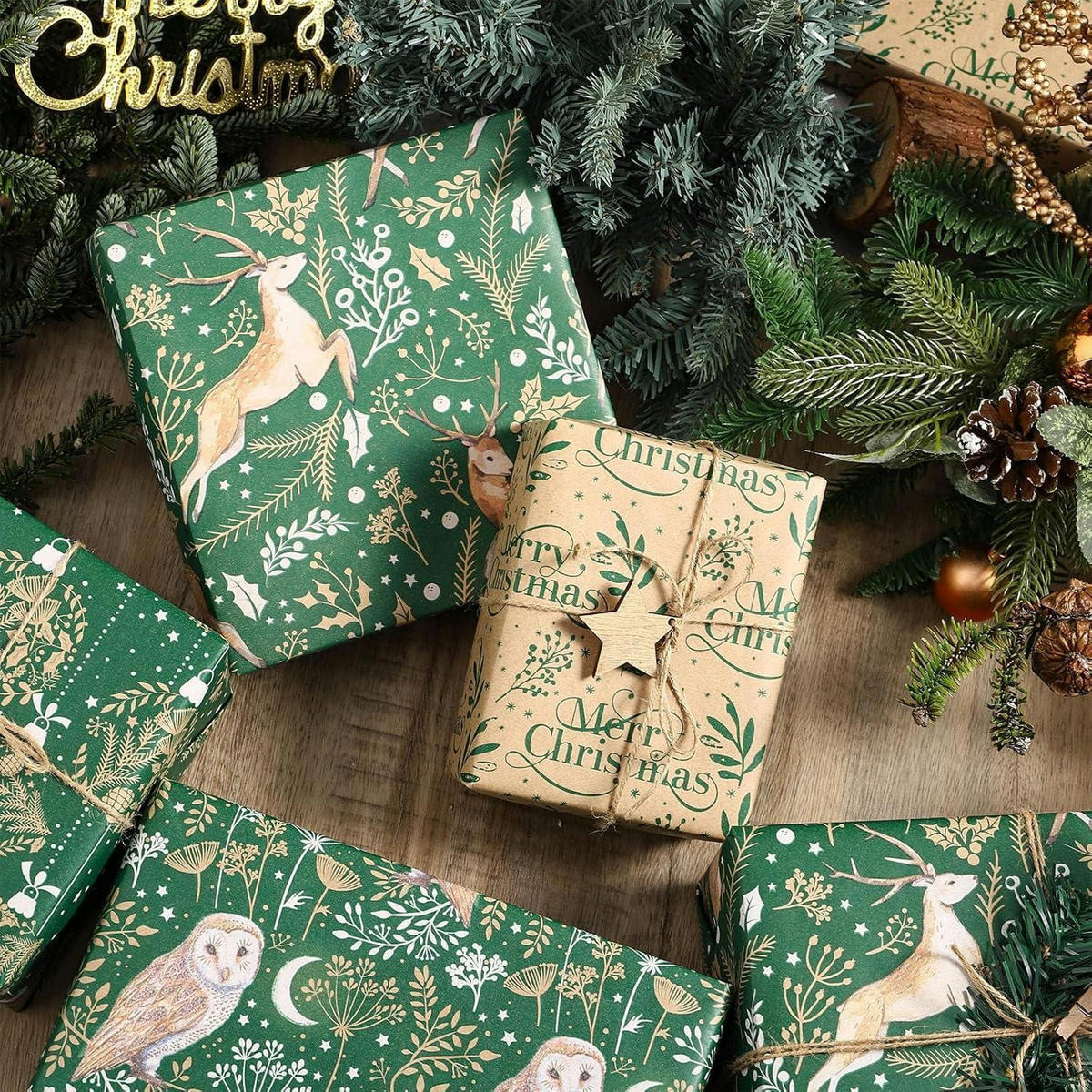 GESCHENKPAPIER 4 Rollen Kraftpapier Weihnachtsmotive 76 cm x 3 m - Multicolor, Papier (4/76/15cm)
