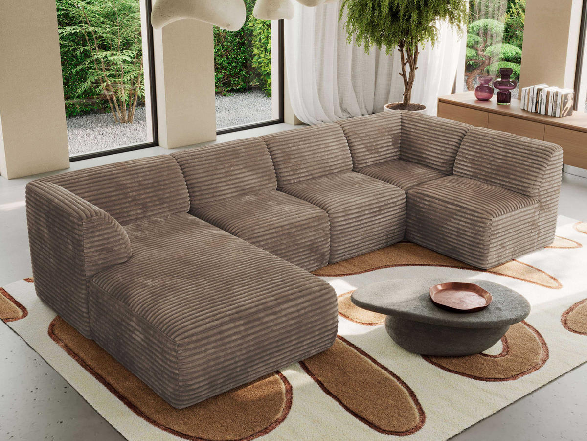 WOHNLANDSCHAFT MODARO U 6M - Braun Cord - Links - Schwarz/Braun, Textil (180/78/345cm) - MKS