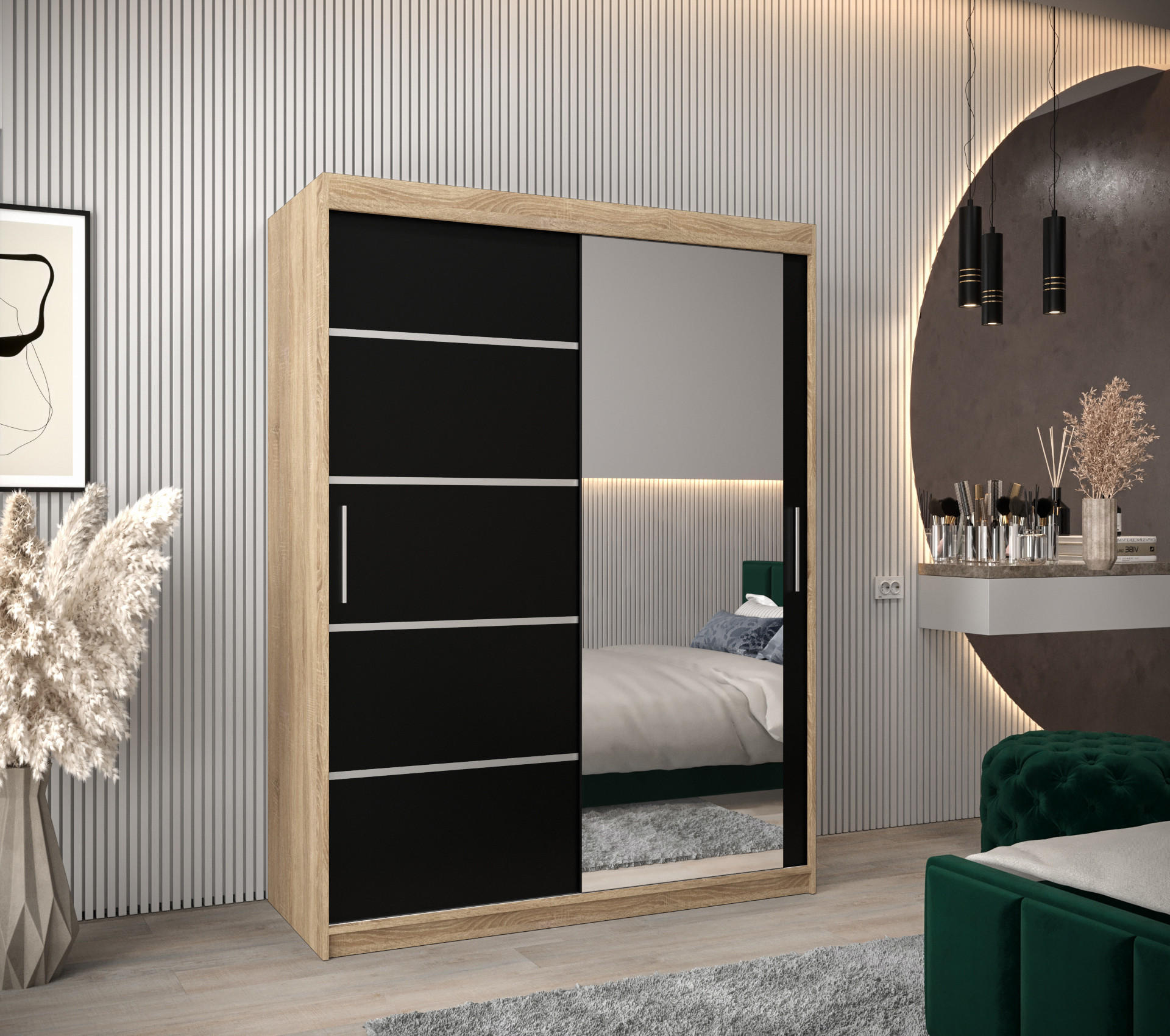 SCHWEBETÜRENSCHRANK 200/150/62 2-türig - Silberfarben/Schwarz, Holz/Kunststoff (150/200/62cm) - Abiks Möbel