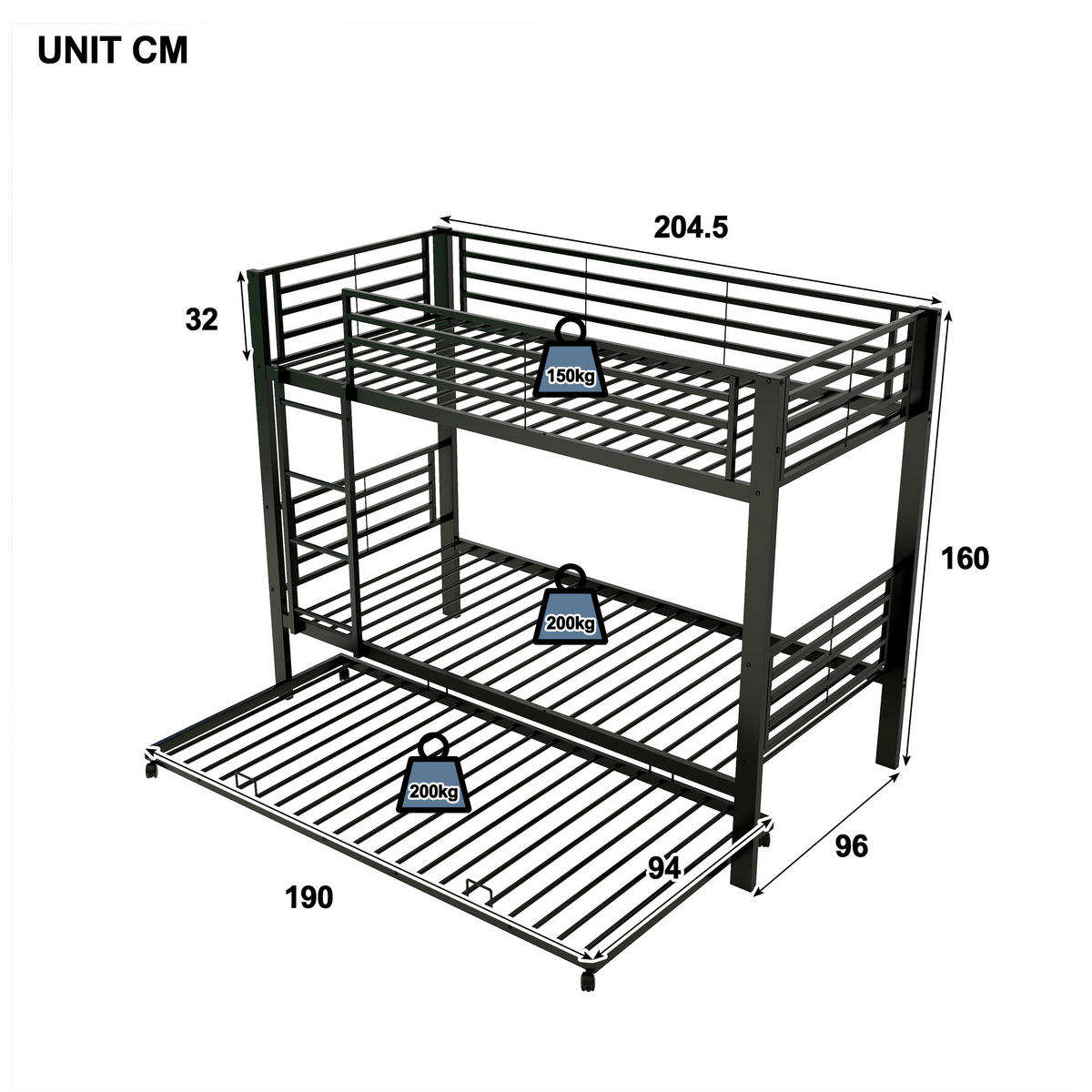 ETAGENBETT 90/200 cm mit Ausziehbett und Leiter, DE-41954, in Schwarz - Schwarz, Metall (90/200cm) - ComfortXL