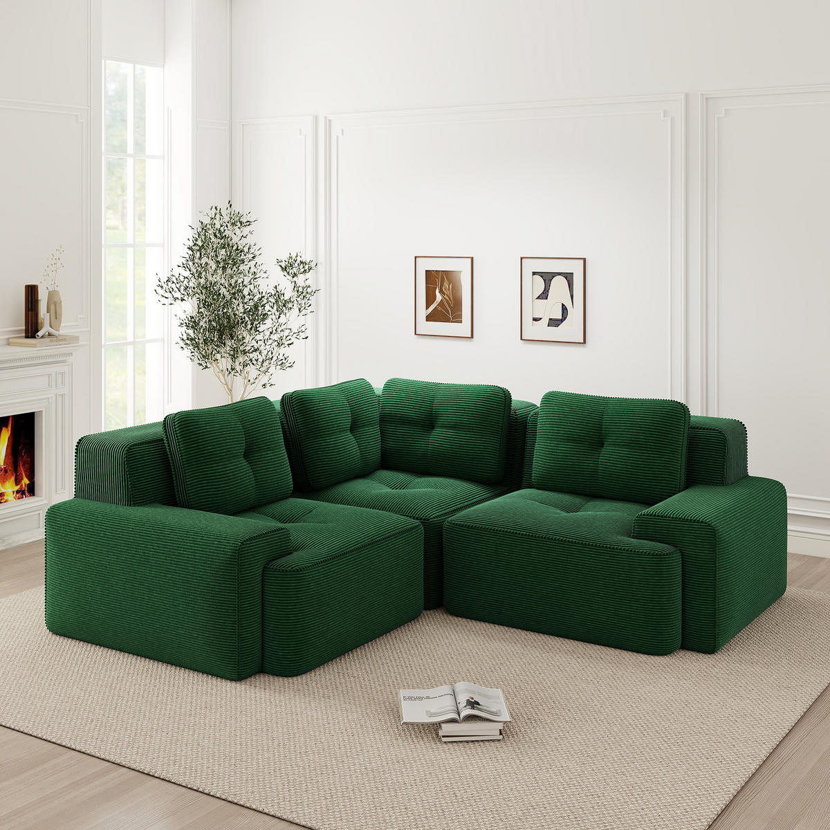 3-SITZER Sofa 177x104x69 cm aus Cordstoff rahmenlos modular, grün - Grün, Textil (104/69/177cm)