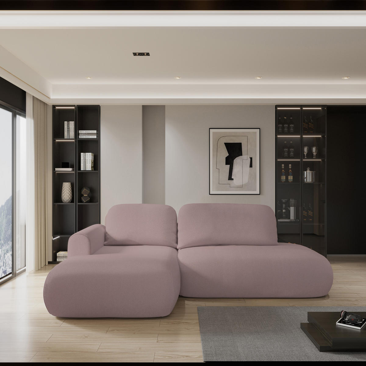 ECKSOFA NUVIRA L-S Rosa Geflochtener Stoff mit Schlaffunktion - Rosa, Holz (274/165cm) - MASSENO