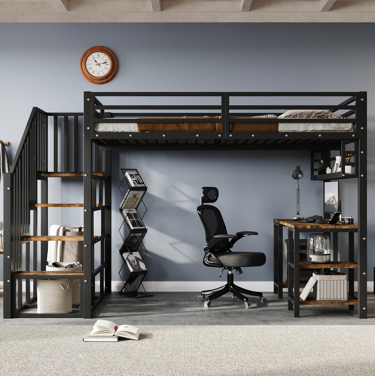 HOCHBETT 120/200 cm aus Metall mit Schreibtisch, Regal und Treppe mit Handläufen, Schwarz/Dunkle Walnuss - Schwarz, Metall (120/200cm) - Redom