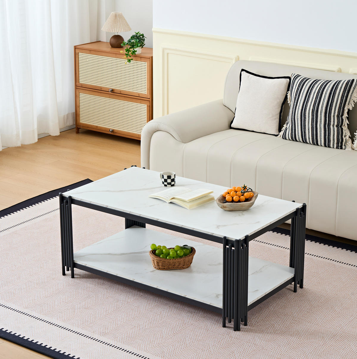 COUCHTISCH 114/64/46 cm weiß/schwarz aus MDF und Metall mit 2 Ablagen - Schwarz, Holzwerkstoff (114/64/46cm) - OKMYHOME