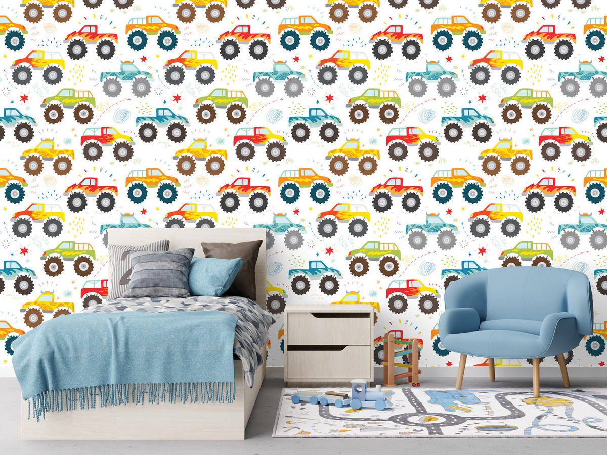 VLIESTAPETE Monstertrucks – Bunt, Weiß – 50x1000 cm - Multicolor/Weiß, Papier (50/1000cm) - Muralo