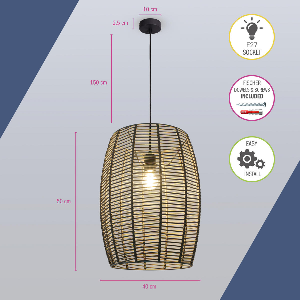 PENDELLEUCHTE Hugo Miloza - Grau, Metall (40/40/50cm) - Paco Home