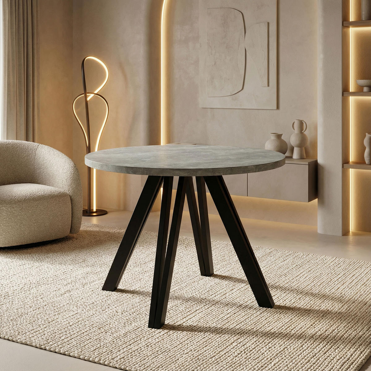 ESSTISCH Ravero runder ausziehbarer, Beton grau 100/100/77 cm - Hellgrau/Schwarz, Holz/Holzwerkstoff (100/100/77cm) - WFL GROUP