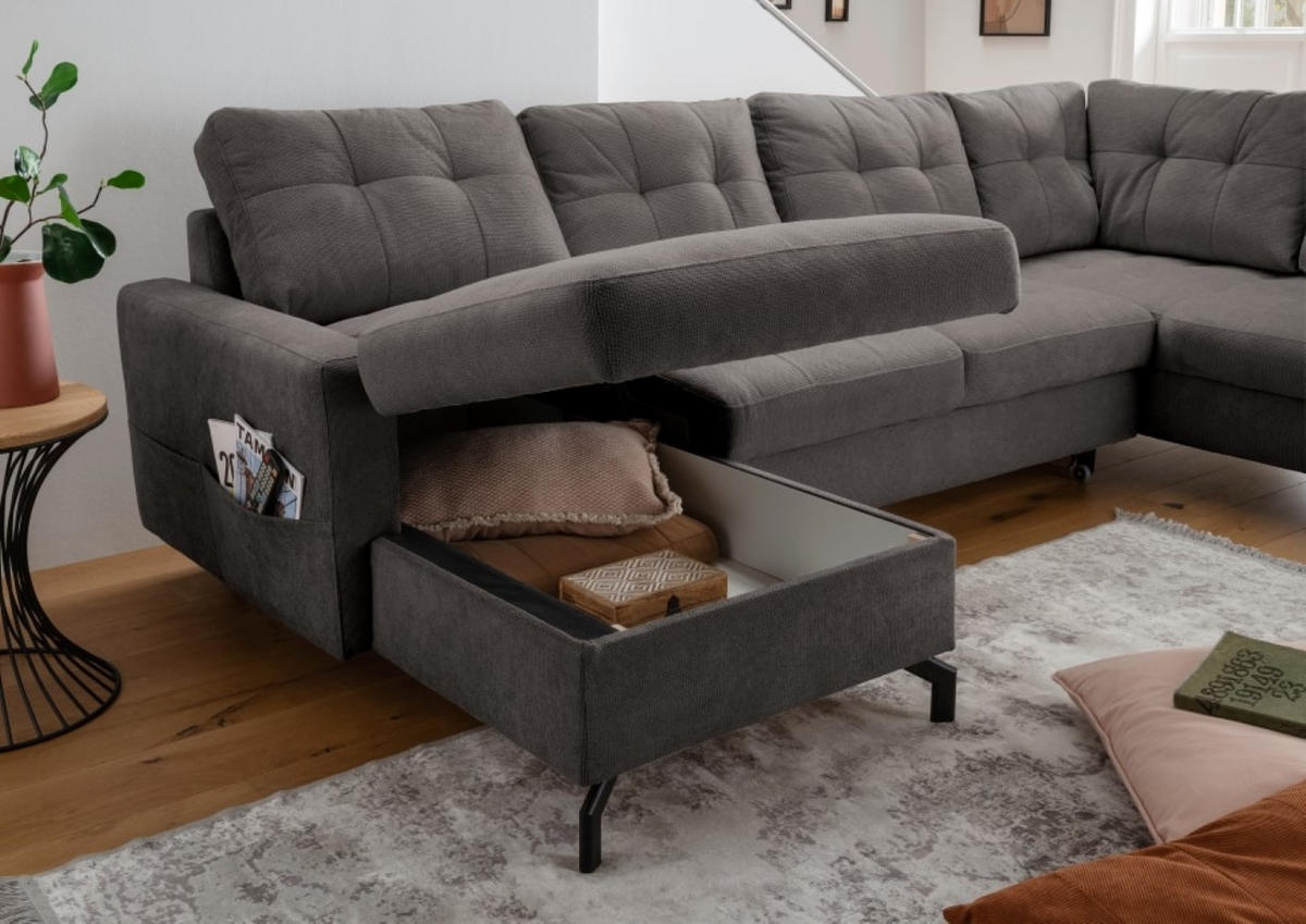 WOHNLANDSCHAFT mit Schlaffunktion und Bettkasten - Anthrazit/Schwarz, Textil/Metall (200/92/305cm) - myHomelando