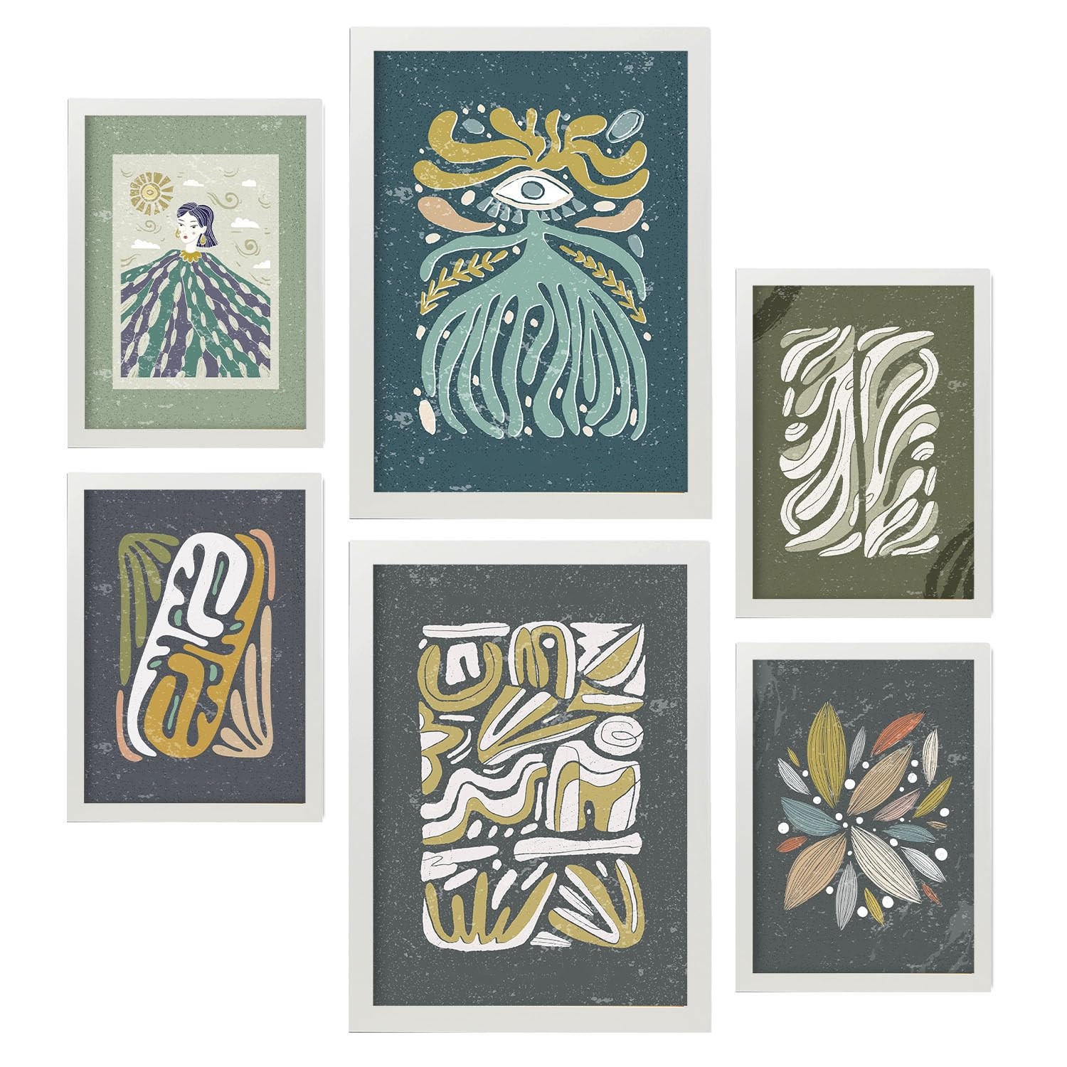 POSTER Set Mit 6 Drucken Mit Kalten Tönen In Der Sammlung Ethnischer Style Drucke Dekorative Rahmen Für Zuhause Wandkunstdruck A3 & A4 Weißer Rahmen - Weiß, Papier (29/3cm) - Nacnic