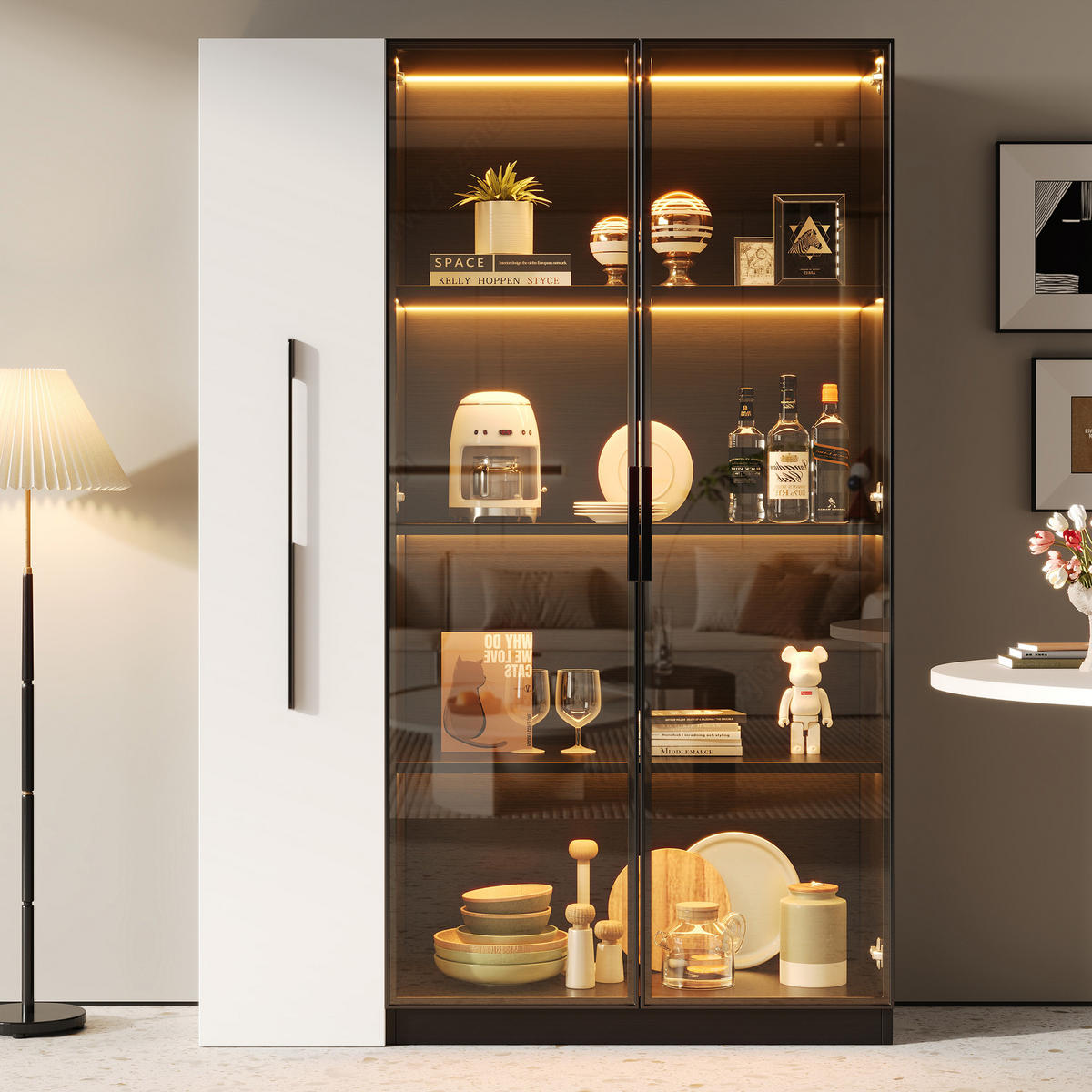 VITRINE 110cm Weiß Schwarz Glas LED Rollschrank modern - Schwarz, Holzwerkstoff (110/160/35cm) - FLIEKS