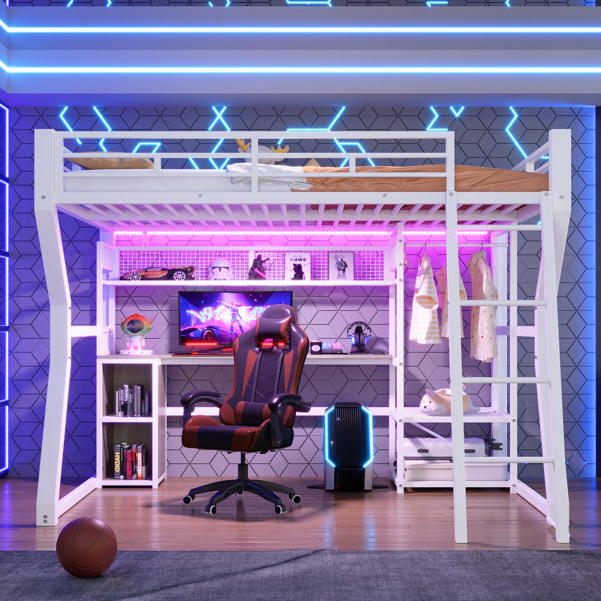 HOCHBETT mit LED und Schreibtisch Weiß 140x200 cm Metall - Weiß, Metall (140/200cm) - SONNENH