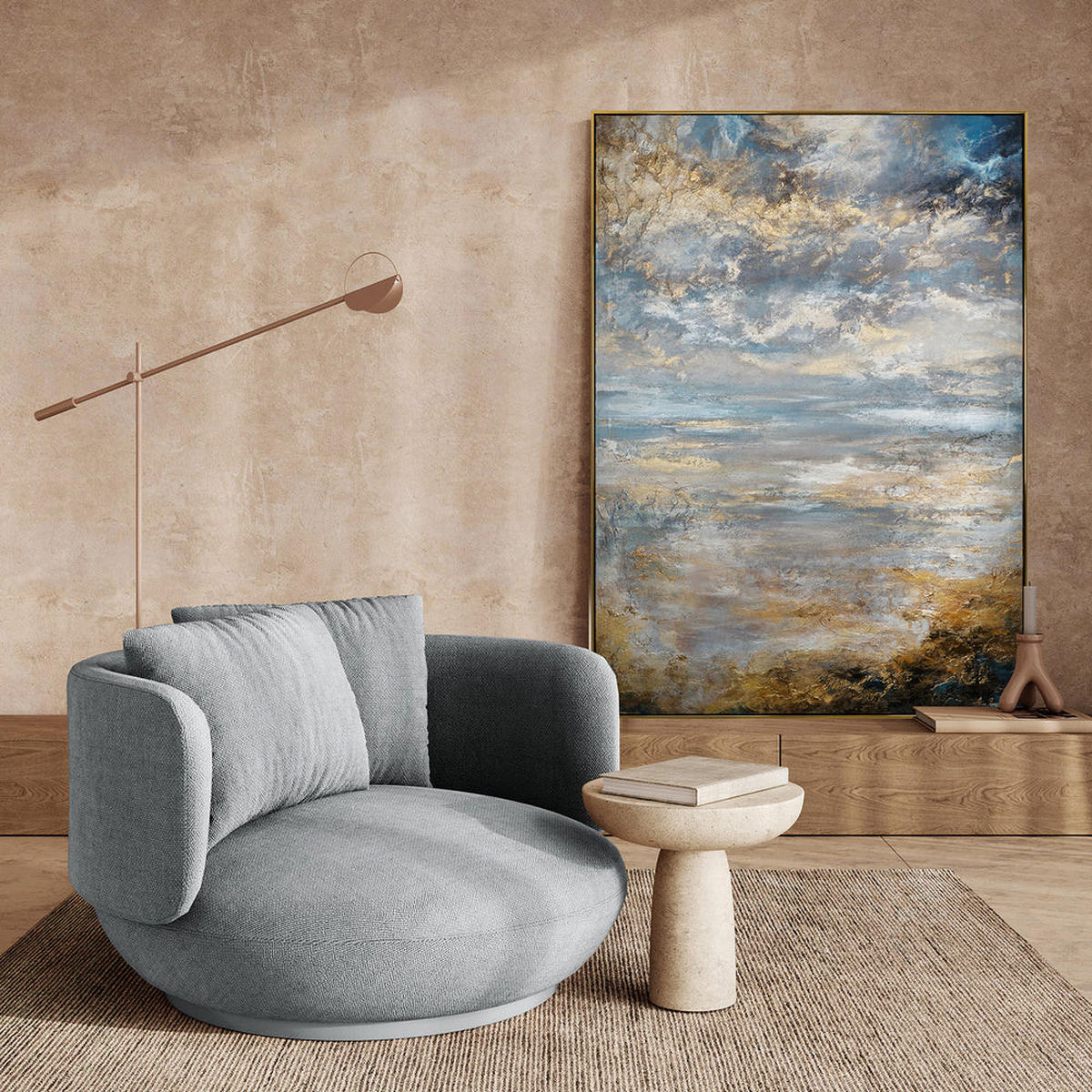 GEMÄLDE Stille Morgendämmerung Schattenfugenrahmen Gold 120x80 cm - Goldfarben, Holz (120/80cm) - YS-art gallery