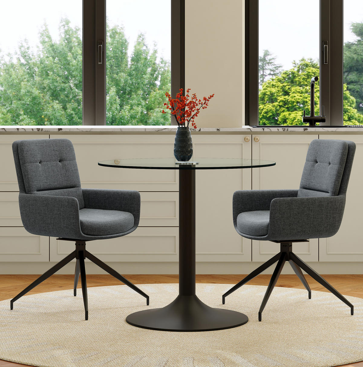 ESSZIMMER-SET 3-tlg. mit Glastisch 85 cm Schwarz/Dunkelgrau - Schwarz, Metall (85/76/85cm) - Meubliv