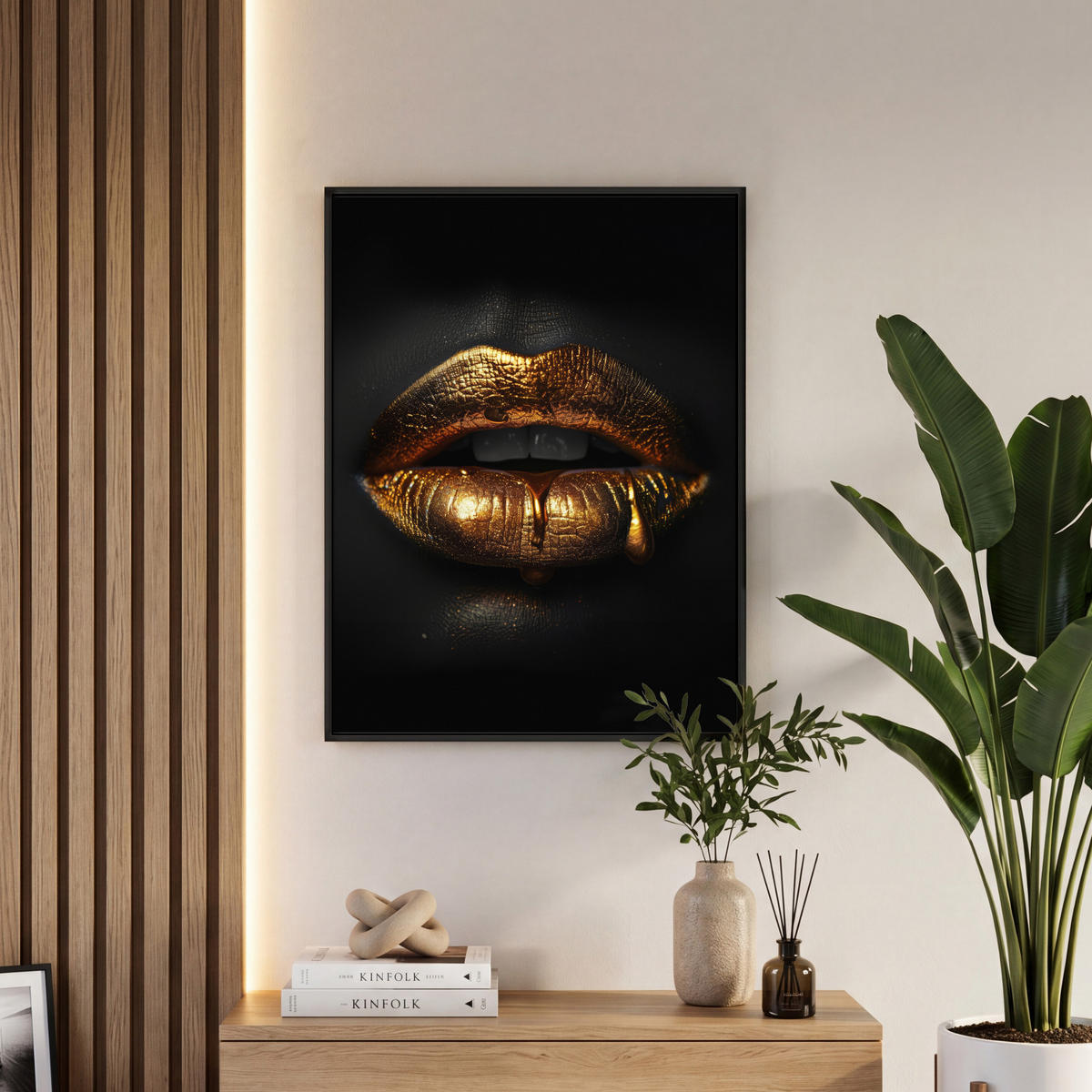 LEINWAND Bilder mit Rahmen - Frau - Porträt - Lippen - Gold - Schwarz - 60x80 - Schwarz, Textil (60/80cm) - MuchoWow